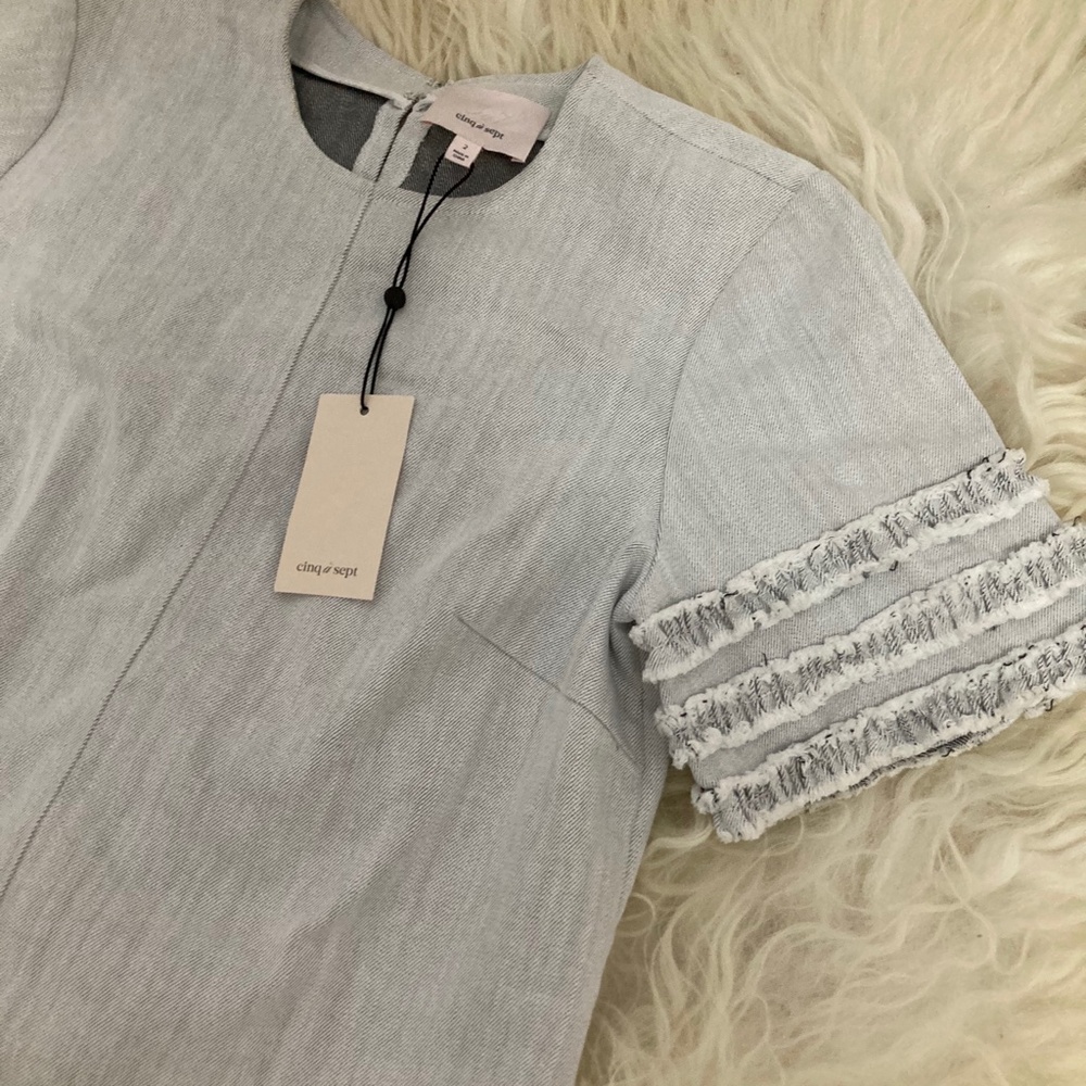 CINQ A SEPT Ashton Crewneck Short-Sleeve Cotton Shift Dress w/ Frayed Trim - Picture 5 of 12